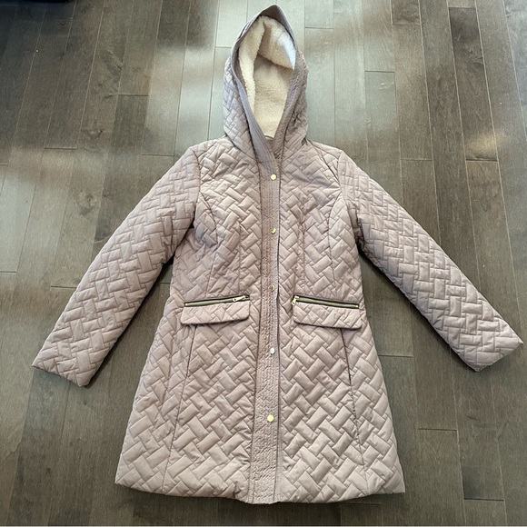 Cole Haan Shearling Quilted Mid Length Hooded Jacket Warm Winter Preppy S - Picture 1 of 14